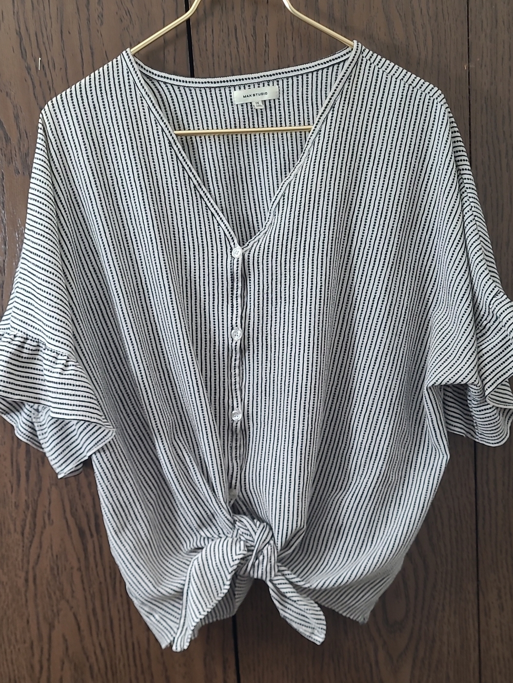 Max Studio Black & White Striped Button-Front Tie Hem Top